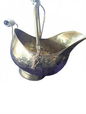 Vintage Brass Coal Scuttle with Ceramic Handle and Lion Head Detail